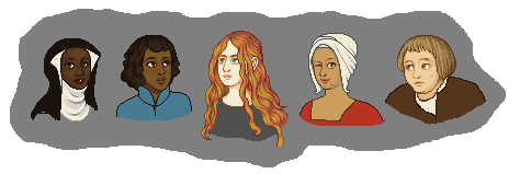 five pixel portraits, faces finished but neck/shoulder area still sketchy: a dark-skinned nun in black & white habit, a medium/dark-skinned guy with curly pageboy haircut, a pale lady with long wavy red hair, tan lady with a medieval-style white cap and saucy look on her face, slightly pudgy light-skinned guy with straw-like pageboy haircut